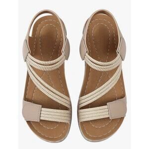 Women’s Minimalist Flat Strappy Adjustable Sandals Braided Design Beige Size 8